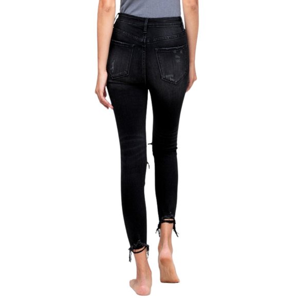 Black High Rise Button Fly Distressed Jeans - Picture 2 of 3